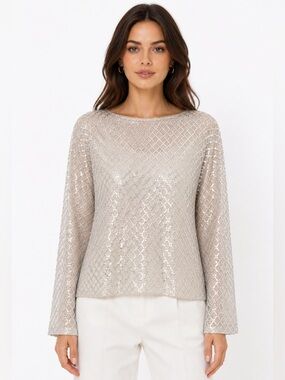 Tamara H Silver Sequin Lattice Overlay Top Sheer Long Sleeve Size Medium